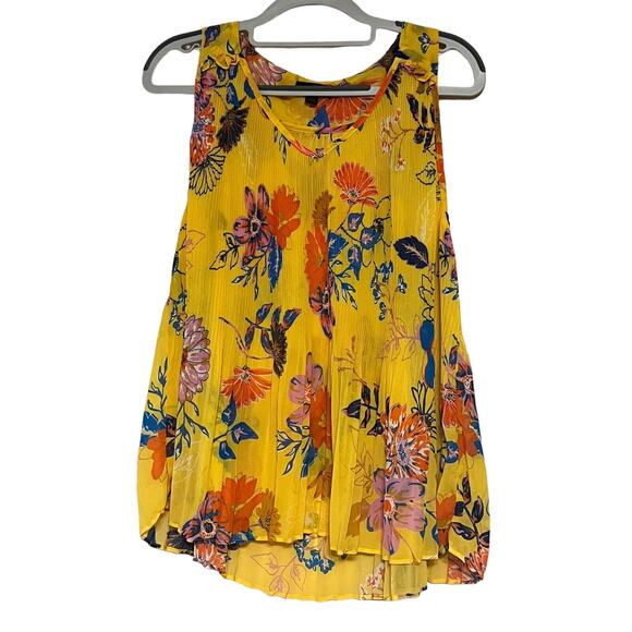 Current Air Split V-Neck Sleeveless Pleated Blouse •M•Yellow Floral Top EXC - Picture 1 of 9
